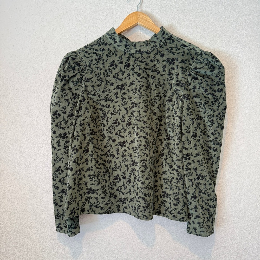 Time and Tru Womens XXL Green Black Floral Puff Sleeve Corduroy Tie Back Blouse